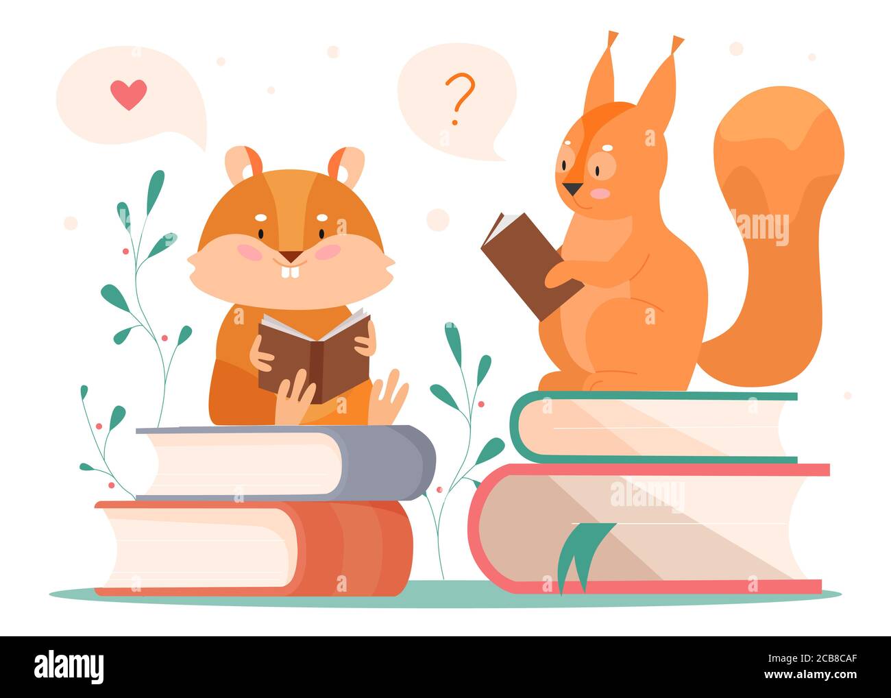 Animals reading vector illustration. Cartoon flat clever beaver and squirrel booklover reader characters sitting on books stack, reading storybook and thinking, animalistic concept isolated on white Stock Vector