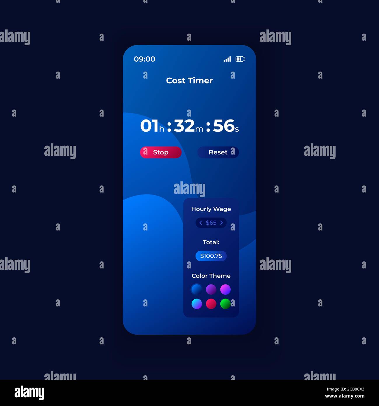 Cost timer app smartphone interface vector template. Mobile app page night mode design layout. Hourly wage counter on screen. Flat UI for application. Stock Vector