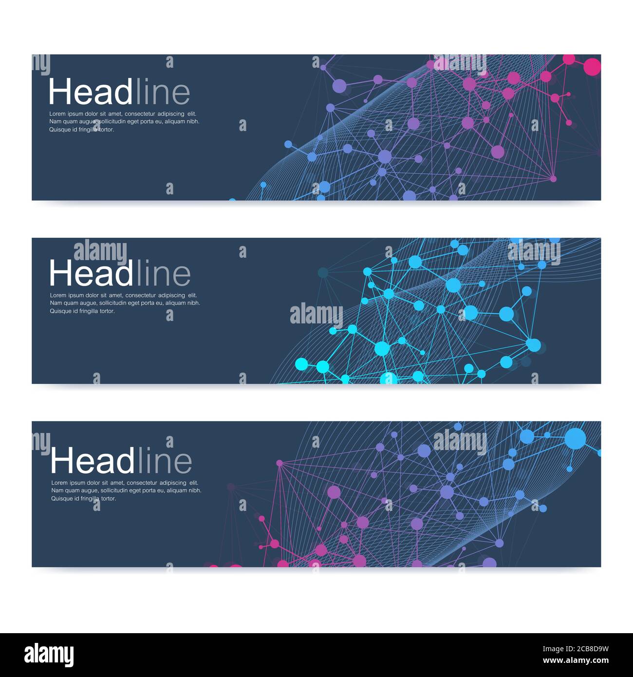 Scientific set of modern vector banners. DNA molecule structure with connected lines and dots. Scientific and technology concept. Wave flow graphic Stock Vector