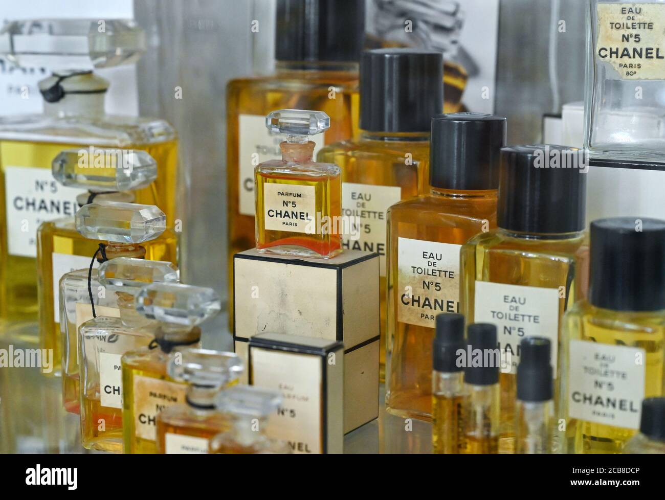 Reichenberg, Germany. 10th Aug, 2020. The perfume museum of the Swiss  collector Claudio Besenzoni, located in the building of the former LPG  culture house, displays perfume bottles of the Chanel brand. Chance