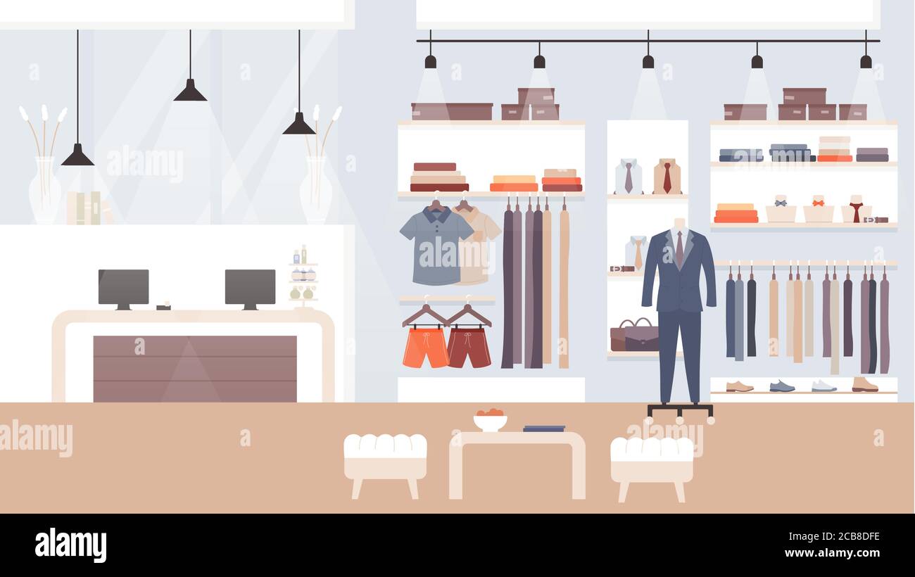Male fashion store, clothing shop vector illustration. Cartoon flat empty  showroom interior with trendy fashionable man clothes for sale on shelves  and mannequins, indoor fashion boutique background Stock Vector Image & Art  -