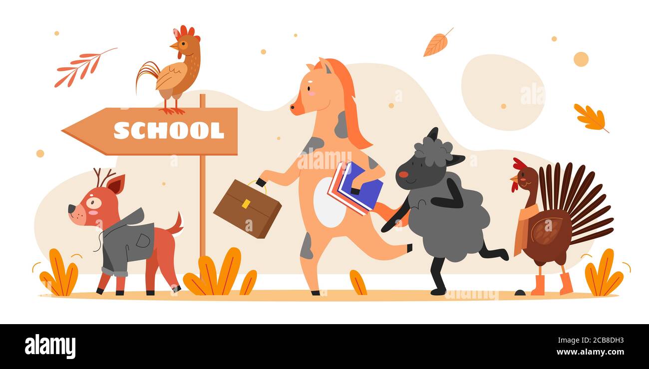 Animals go to school vector illustration. Cartoon flat cute animalistic character holding book and schoolbag, deer rooster horse sheep running to school, motivation education concept isolated on white Stock Vector