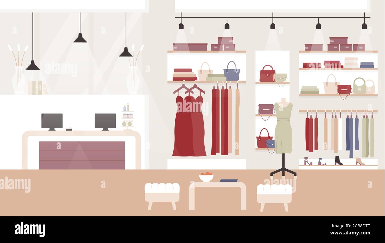 Woman fashion clothing shop boutique vector illustration. Cartoon flat empty clothes shopping mall or store room interior with female fashionable dresses on hangers, mannequin, cashier desk background Stock Vector