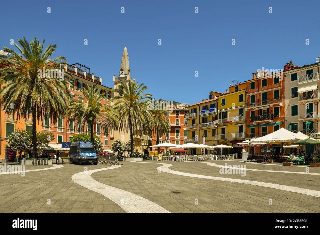 View of the main square with a police van for the protection of the Italian politician Matteo Salvini visiting the old sea town, Lerici, Italy Stock Photo