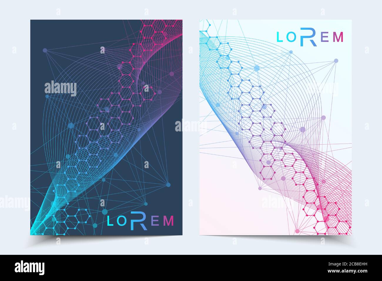 Vector templates for brochure magazine leaflet flyer cover booklet annual report. Modern futuristic hexagonal pattern with particle, molecule Stock Vector