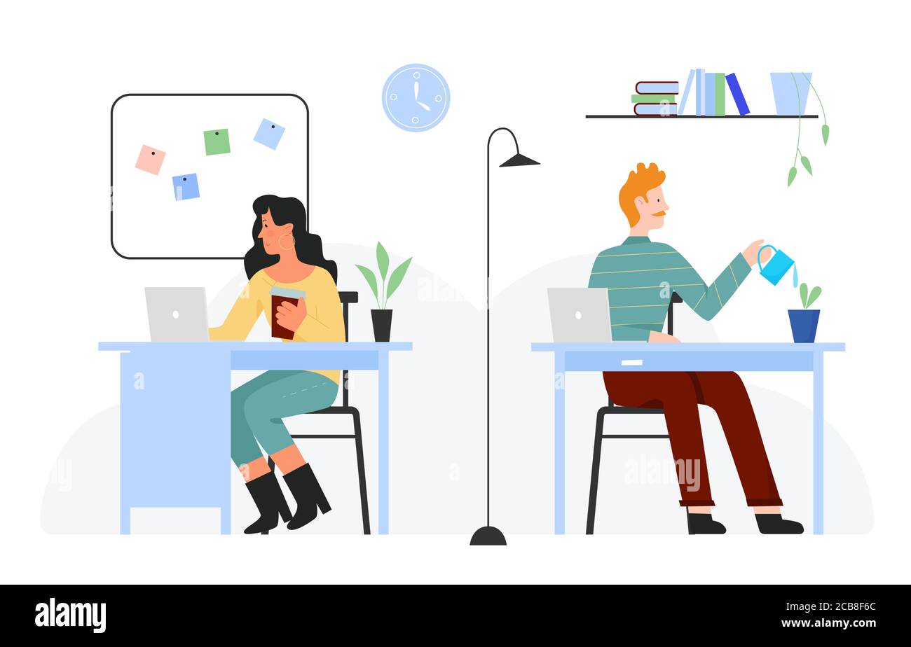 People work in business office flat vector illustration. Cartoon colleague  worker team of characters working at workplace, businessman sitting at  computers, watering office plants isolated on white Stock Vector Image &  Art -