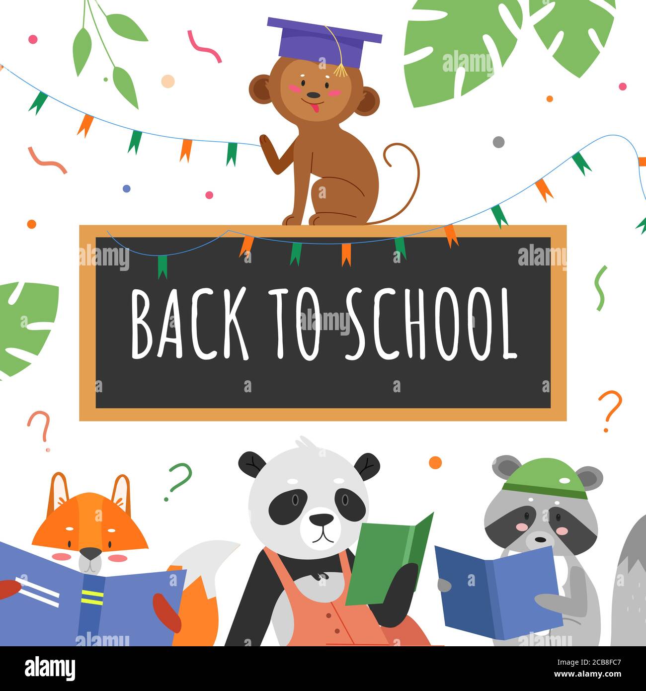 Animal education concept vector illustration. Cartoon flat animalistic student characters study and read books, back to school text written in chalk on classroom blackboard, educational background Stock Vector