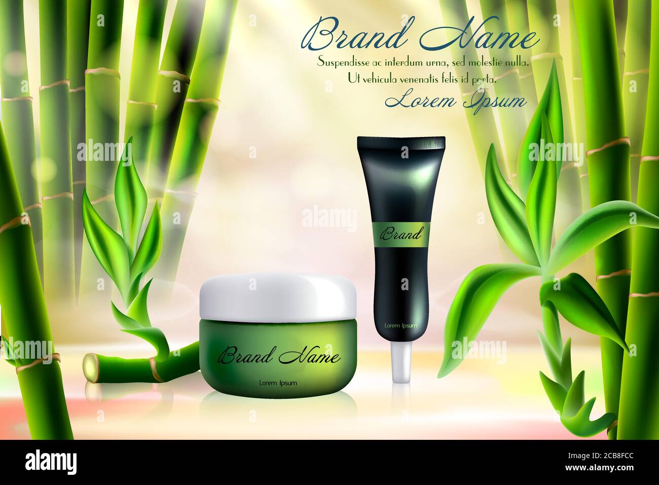 Bamboo cosmetics vector illustration. Realistic tube container for face skincare cream product, cosmetology mockup template with tropical organic ingredient, green bamboo sticks and leaves background Stock Vector