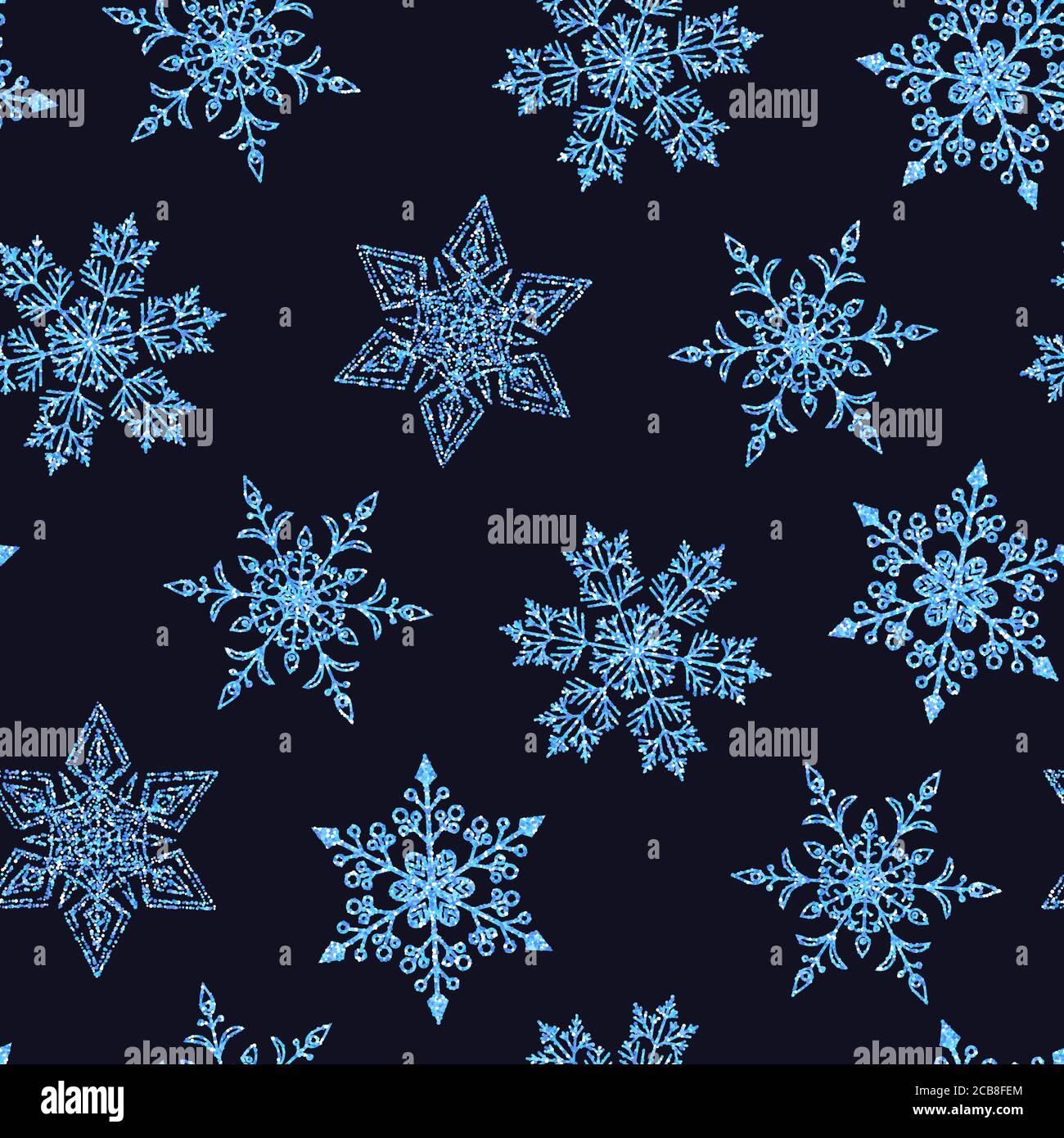 Beautiful seamless Christmas background with various complex shining blue snowflakes on black. Modern flat design. Holiday Wallpaper. Winter infinite Stock Vector