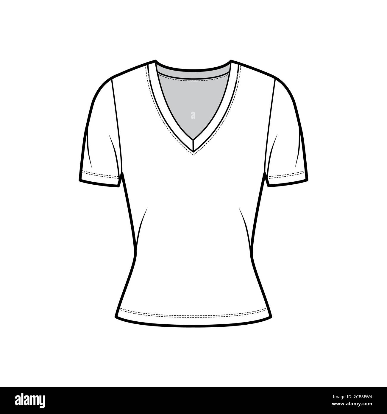 https://c8.alamy.com/comp/2CB8FW4/deep-v-neck-jersey-t-shirt-technical-fashion-illustration-with-short-sleeves-close-fitting-shape-flat-top-apparel-template-front-white-color-women-men-unisex-outfit-cad-mockup-2CB8FW4.jpg