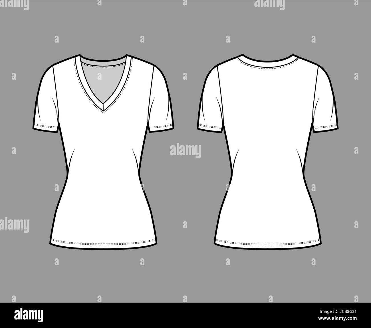 Deep V-neck jersey t-shirt technical fashion illustration with short ...
