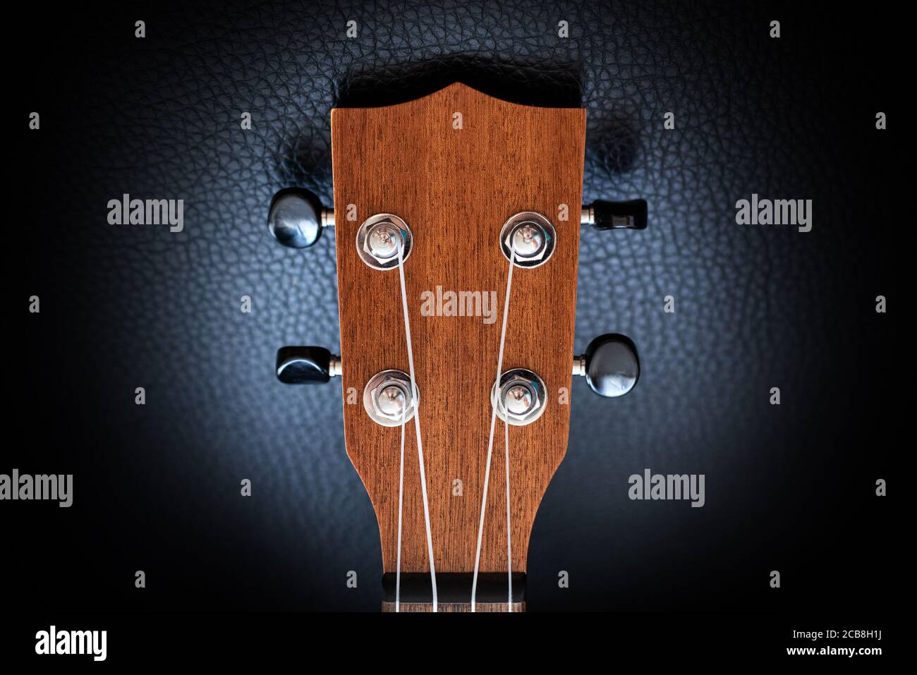 Close up view of a wooden ukulele headstock spotlighted and isolated on a black background. Stock Photo