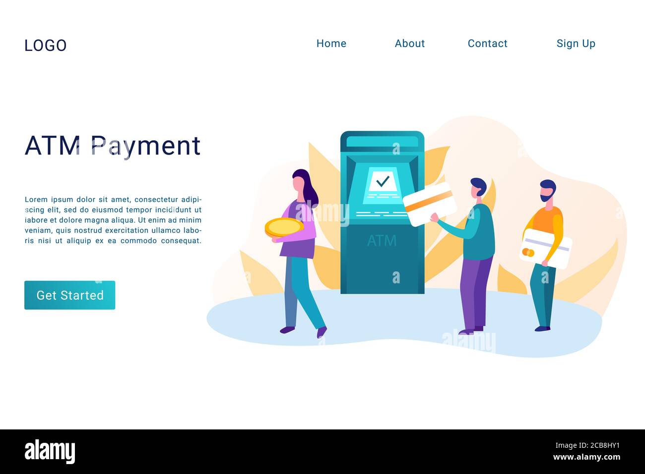 ATM payment landing page flat vector template. Money withdrawal, transfer, transaction website homepage concept. People holding debit cards and using automated teller machine web banner Stock Vector