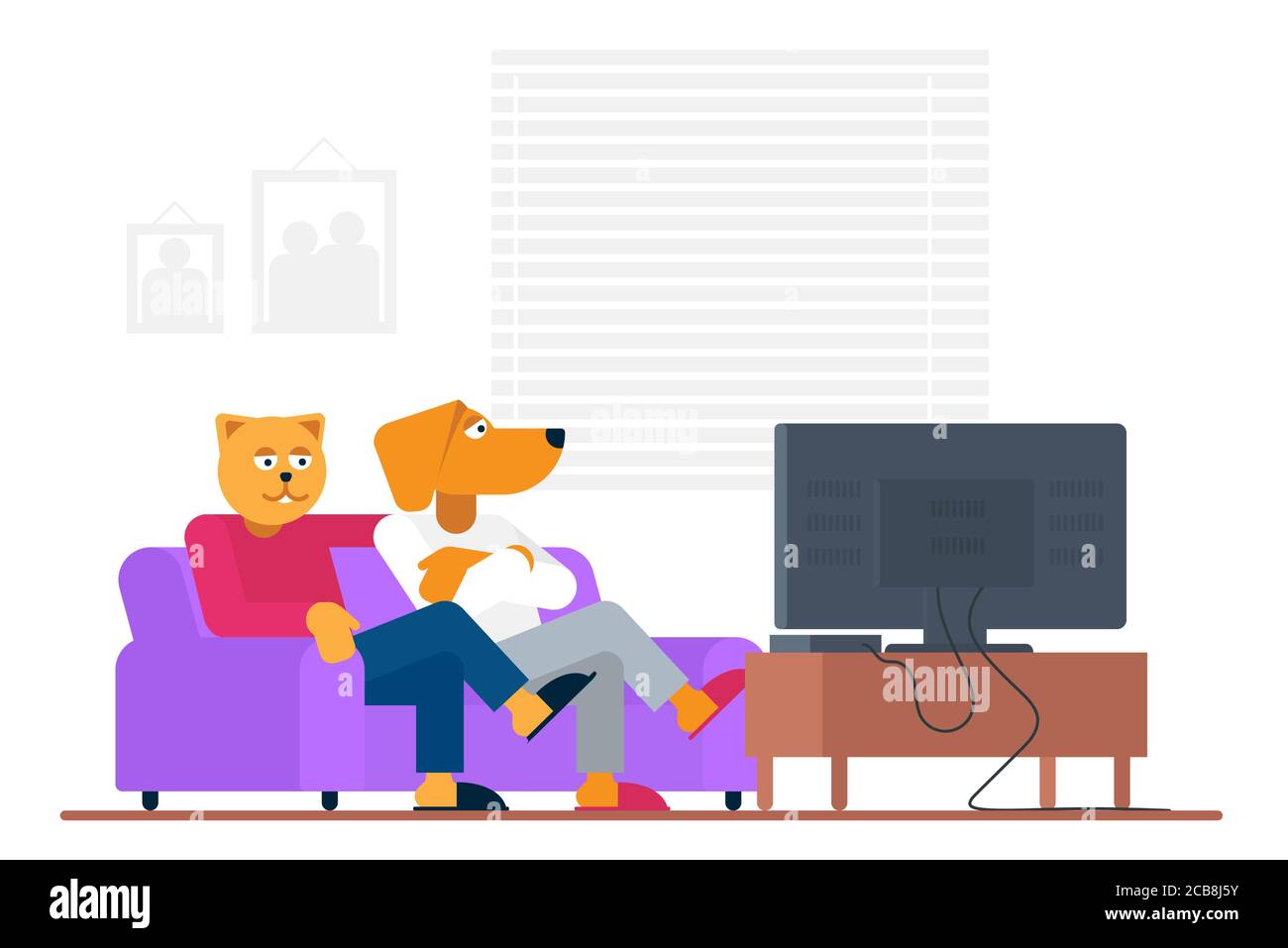 Antropomorphic people style funny cat and dog buddy sitting on sofa and watching movie on TV at home vector illustration Stock Vector