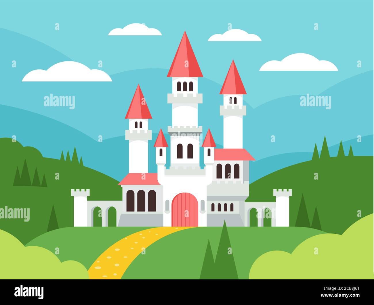 Fairytale cartoon flat landscape with castle. Cute fantasy palace with towers, fantasy fairy house. Old medieval stone magic knight castle building vector illustration Stock Vector