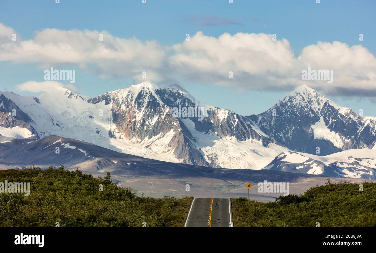 Scenic mountains and glaciers of the eastern Alaska Range as seen from the Denali Highway in Interior Alaska. Stock Photo