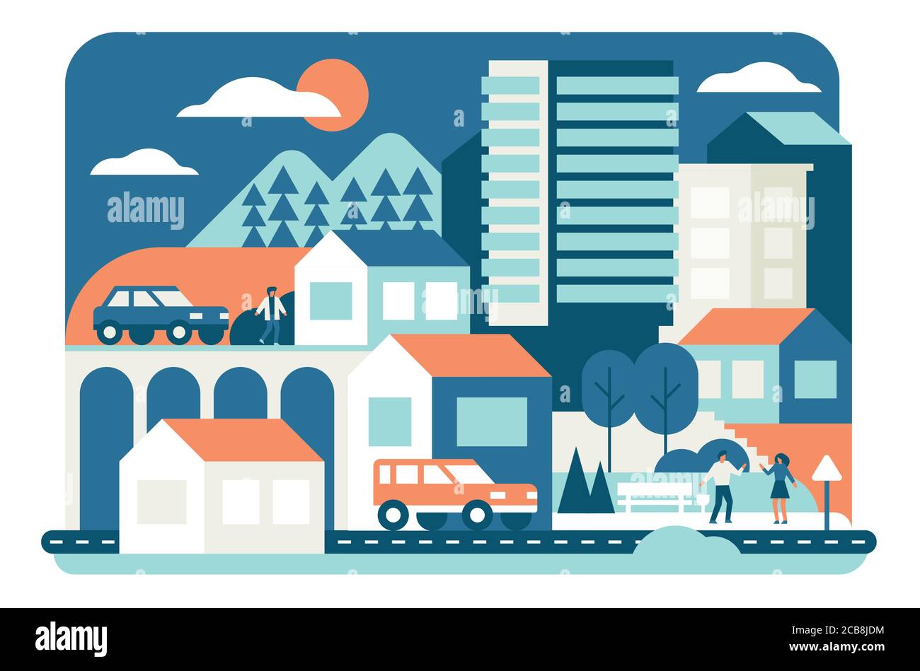 City life flat vector illustration. Apartment houses, accommodation. Urban landscape, road with cars. Walking citizens. Town with skyscrapers, street with various office buildings and dwellings Stock Vector