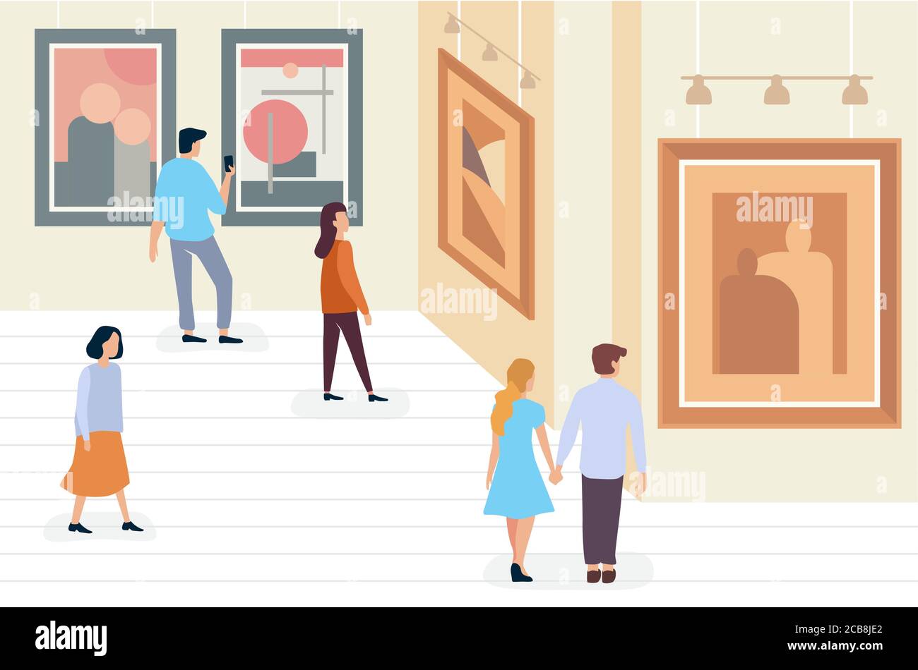 Exhibition visitors people walking and viewing modern abstract paintings at contemporary art gallery museum minimalistic vector illustration Stock Vector