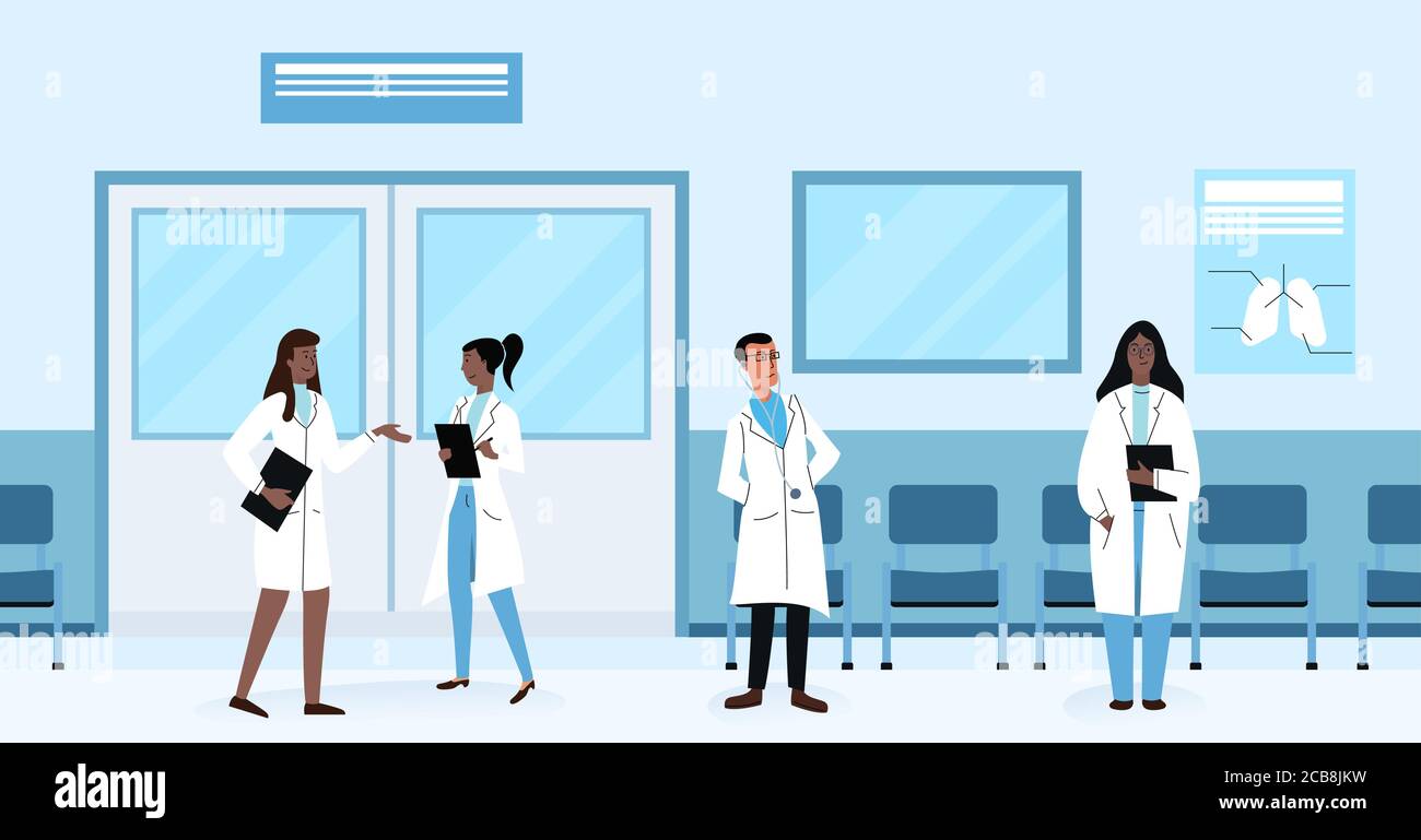 Diverse health doctors practitioners talking and standing in hallway while working in hospital vector illustration Stock Vector