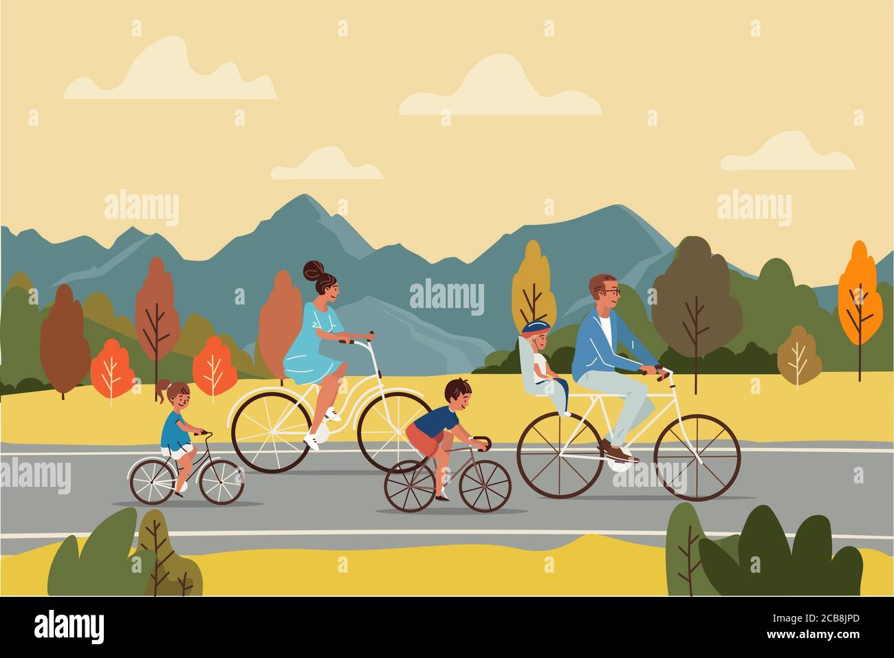 Happy parents and children riding bicycles on asphalt road during trip in autumn countryside vector illustration Stock Vector