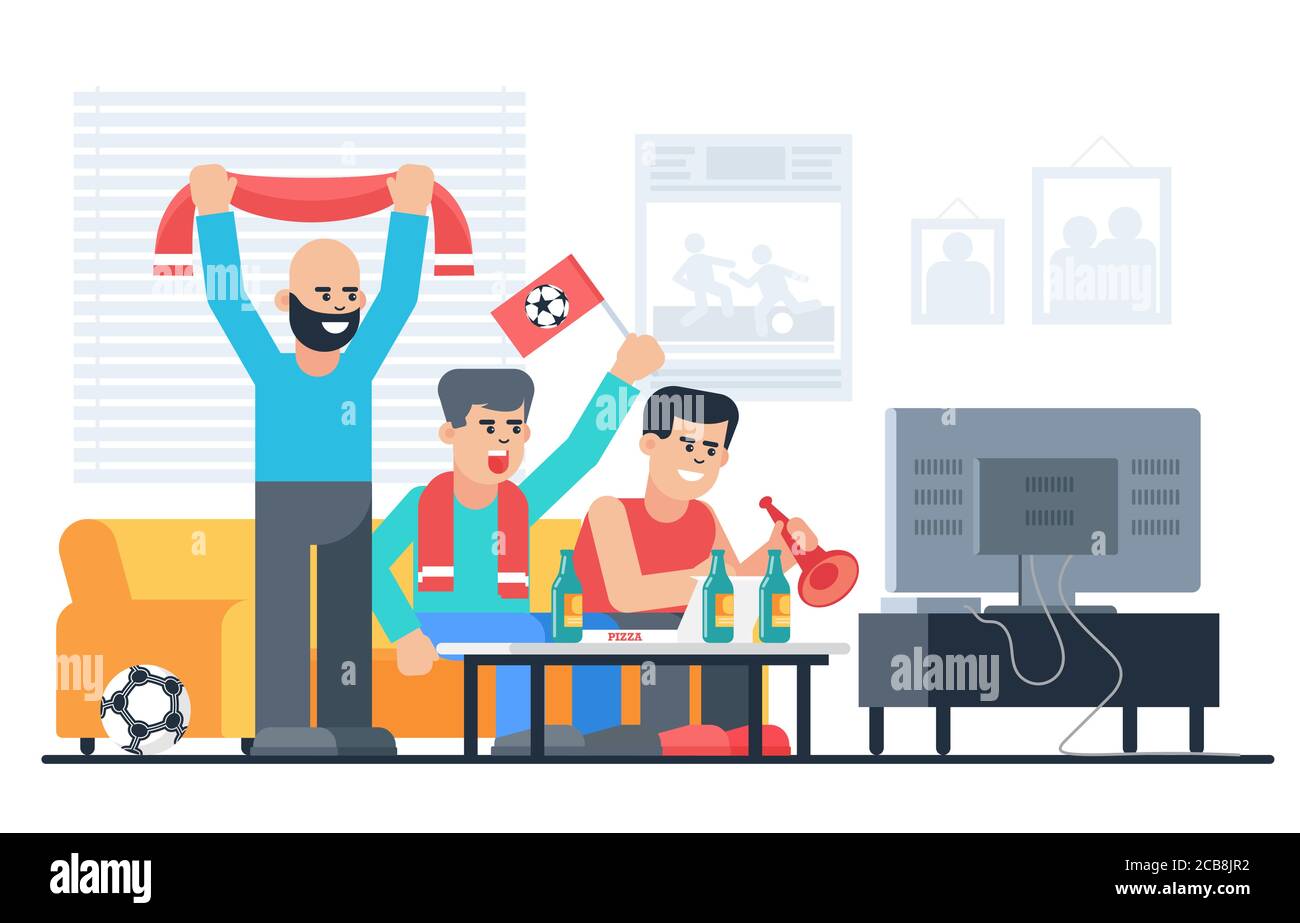 Football fans flat vector illustration. Sport fans with soccer