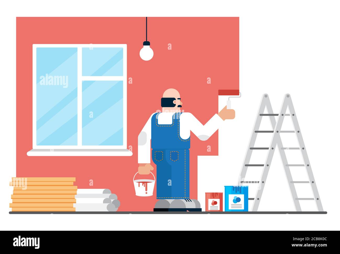 Hired man in uniform painting walls during renovation in modern apartment. Home or website repairing concept vector illustration Stock Vector