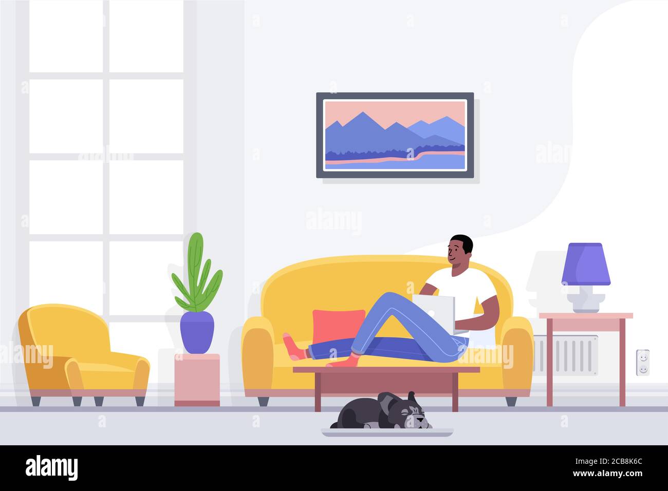 Young african american man resting and relaxing in home lying on comfortable couch in living room using laptop, enjoying leisure time alone, procrastination flat vector illustration Stock Vector