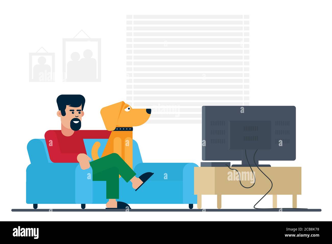 Watching TV at home. Man with dog flat vector illustration Stock Vector