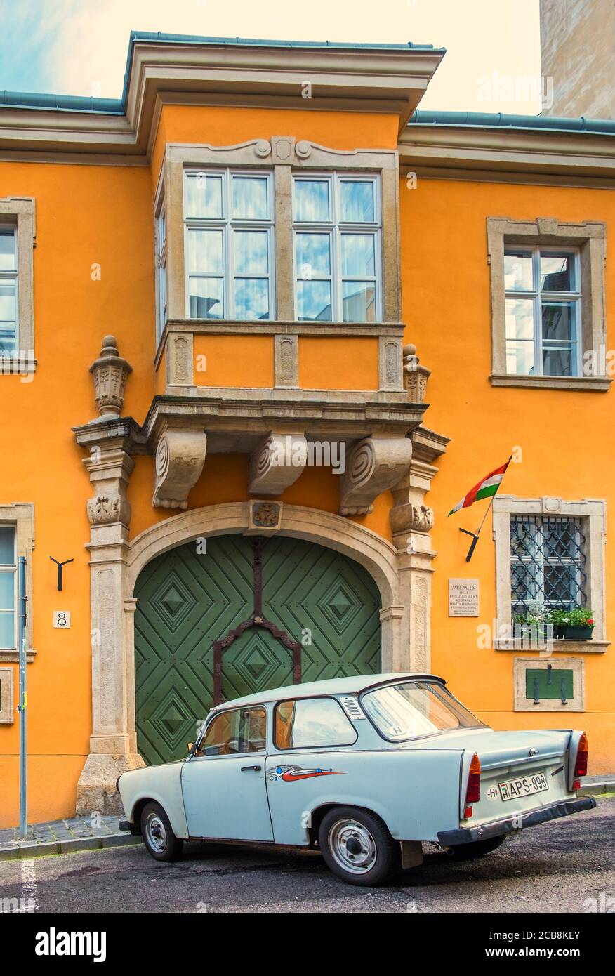 Budapest, Hungary, Aug 2019, view of a Trabant car parked in front of an ochre colour building Stock Photo