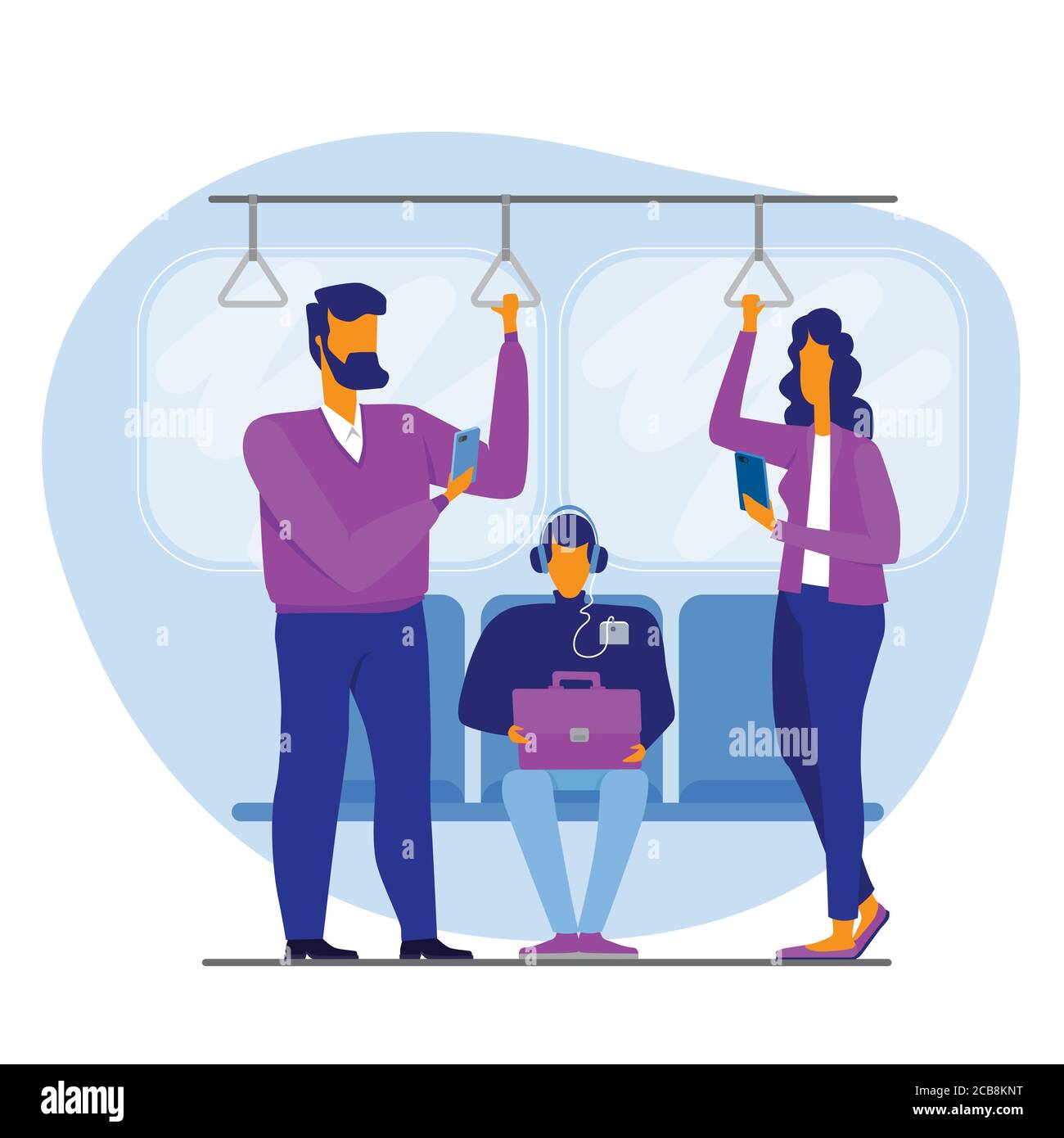 Addicted people using gadgets while standing in subway during ride in city vector illustration Stock Vector