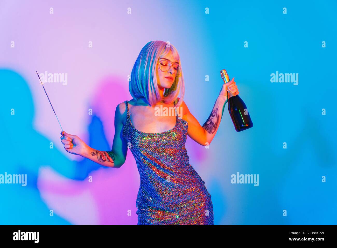 Fashion portrait of beautiful woman on colored background Stock Photo ...
