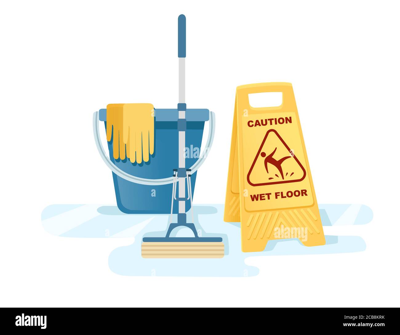 Group of cleaning tools wet floor sign mop bucket cleaning supplies flat vector illustration on white background Stock Vector