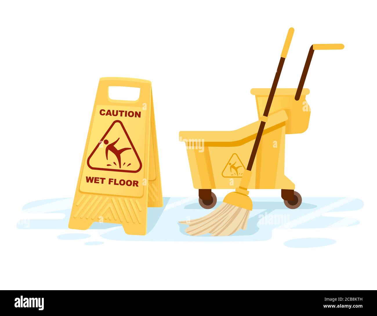 Group of cleaning tools wet floor sign mop bucket cleaning supplies flat vector illustration on white background Stock Vector
