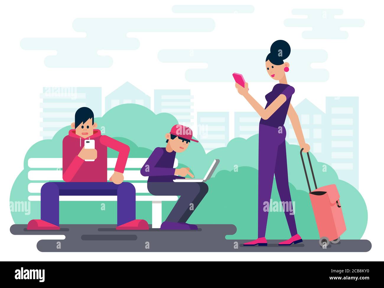 Technology addicted people browsing digital devices while spending time in city park vector illustration Stock Vector