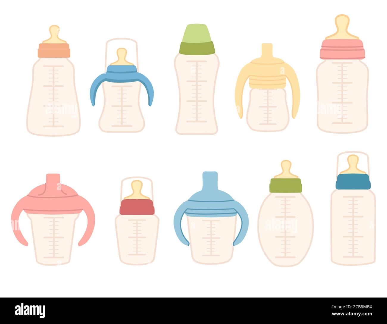 Seamless pattern of plastic transparent baby bottles with silicone