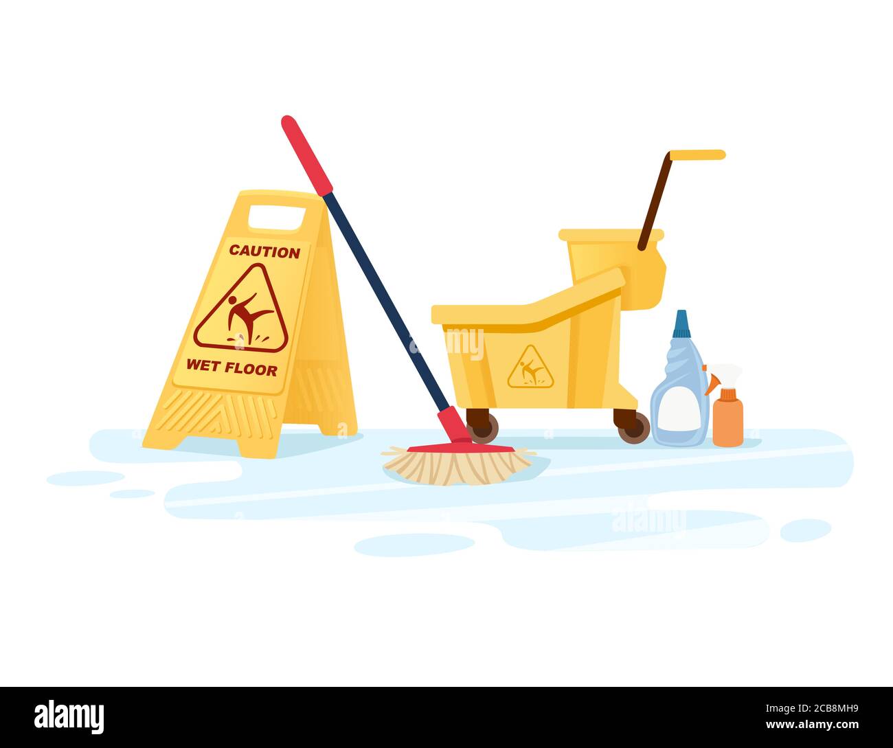 Group of cleaning tools wet floor sign mop bucket and chemical cleaning supplies flat vector illustration on white background Stock Vector