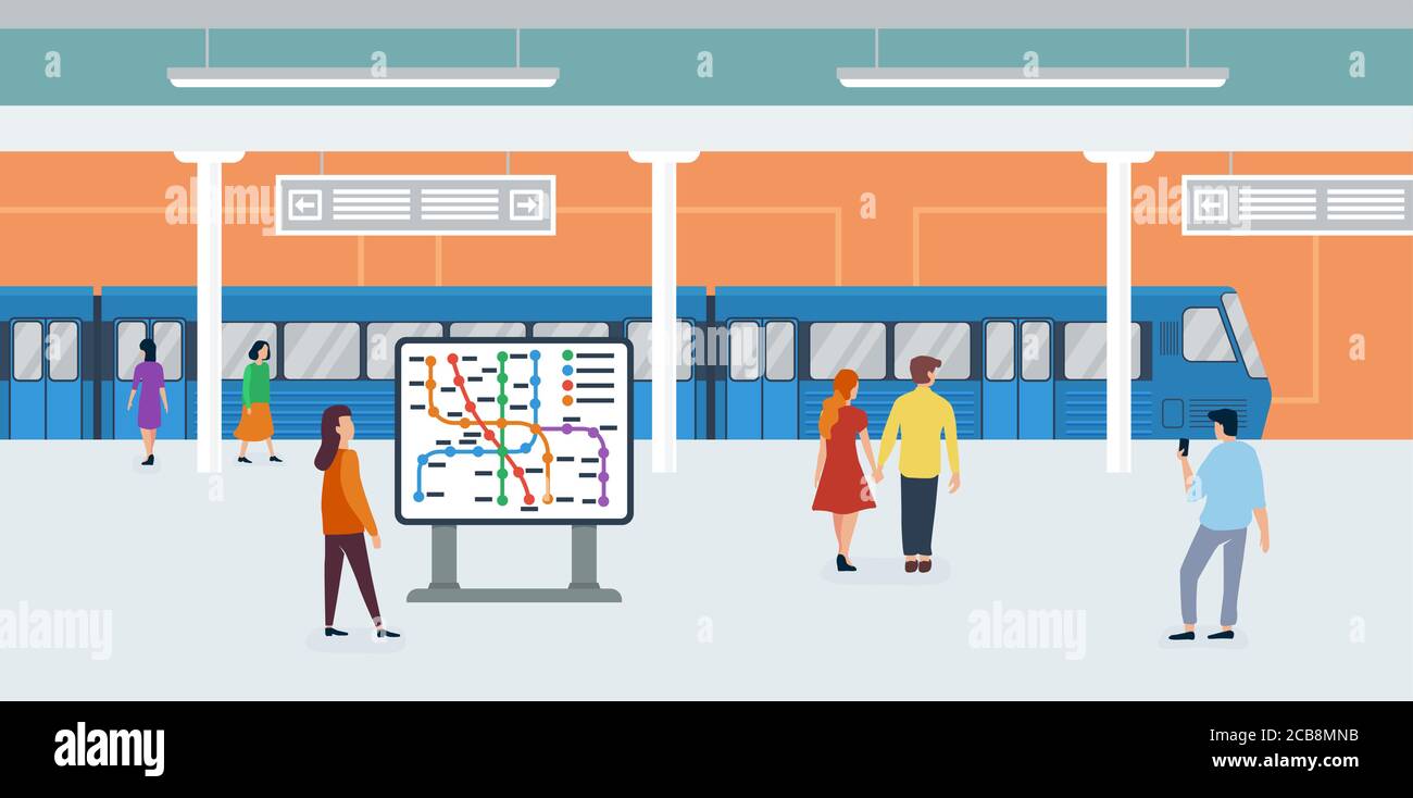 Metro flat vector illustration. Passengers in subway cartoon characters. Rapid transit. Modern city public transport, underground train. People watching metro mapping and waiting for subway car Stock Vector
