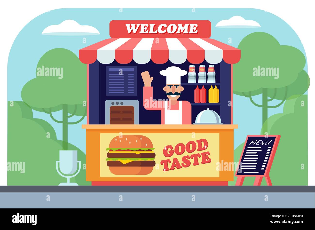 Fast food outdoor kiosk flat vector illustration. Burger street seller, vendor standing behind stand cartoon character. Snack, junk food. Bistro menu. Happy salesman with moustache waving Stock Vector