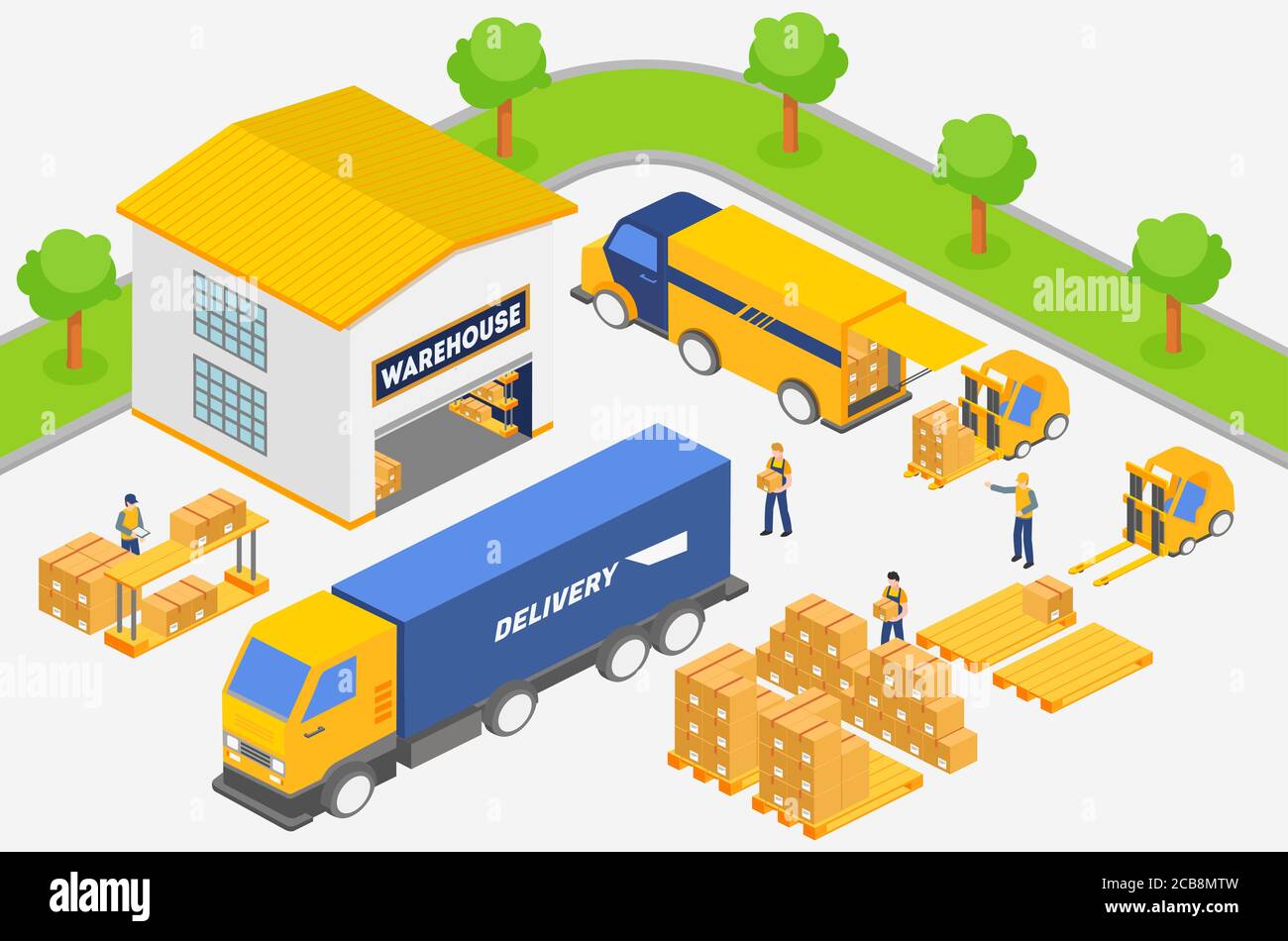 Isometric employees putting boxes into trucks of delivery service while working in warehouse. Transportation industry, delivery and logistic vector illustration Stock Vector