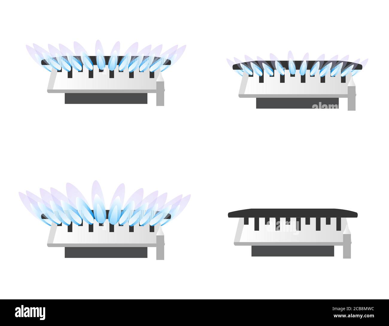 Set of four gas stove kitchen burner off low mid and high level of gas