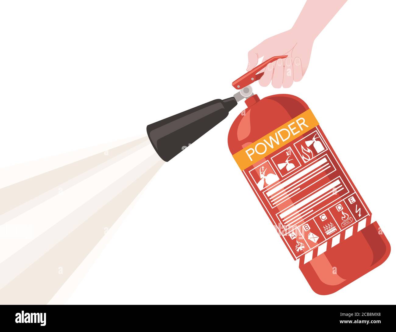 Hand hold and use powder fire extinguisher with safe labels simple tips