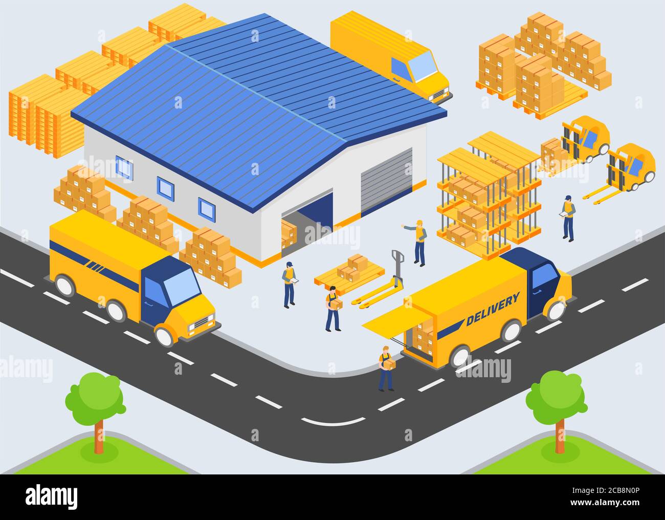 Isometric warehouse company. Loading and unloading process from warehouse. Storage building, trucks, people workers, transportation industry, delivery and logistic vector illustration Stock Vector