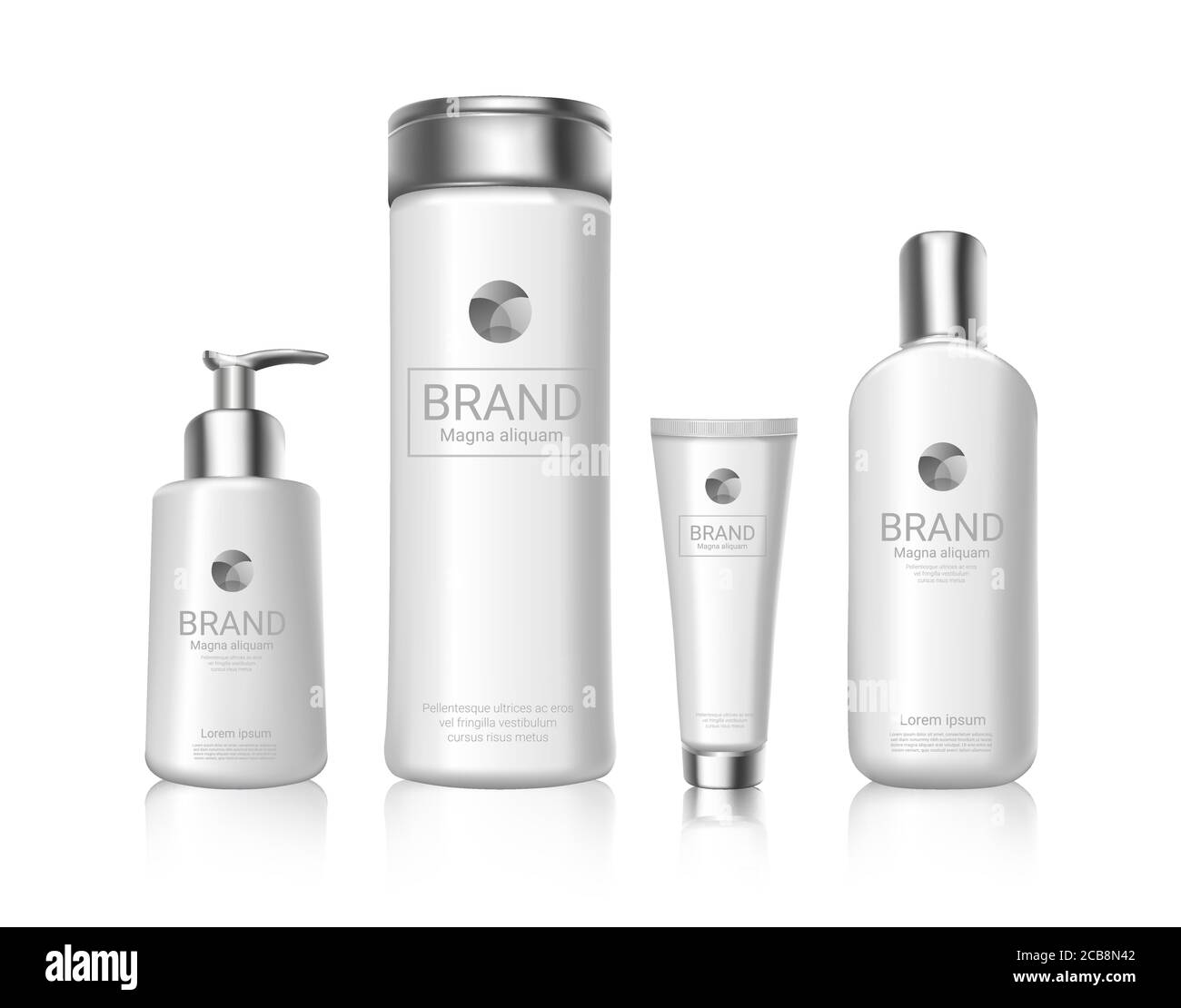 White cosmetics bottles with brand logo package design mockup. Advertisement banner template. Skincare products with reflection on light background mock up. Vector ad poster with 3D illustrations Stock Vector
