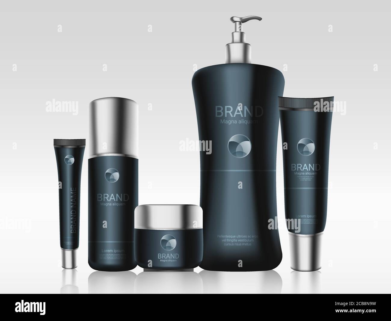 Black cosmetics bottles package design mockup. Skincare and haircare products on light background mock up. Advertisement template. Vector ad banner with 3D illustrations. Promotional packages Stock Vector