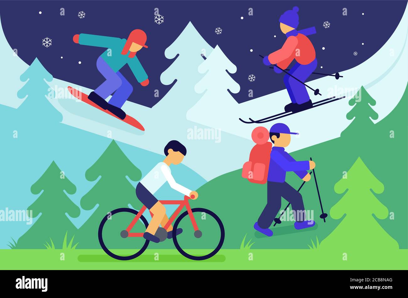 Seasonal sport activities flat vector illustration. Sportsman skiing, biking, hiking, snowboarding cartoon character. Winter, summer sports. Outdoor recreation, training. Hobby and active lifestyle. Stock Vector