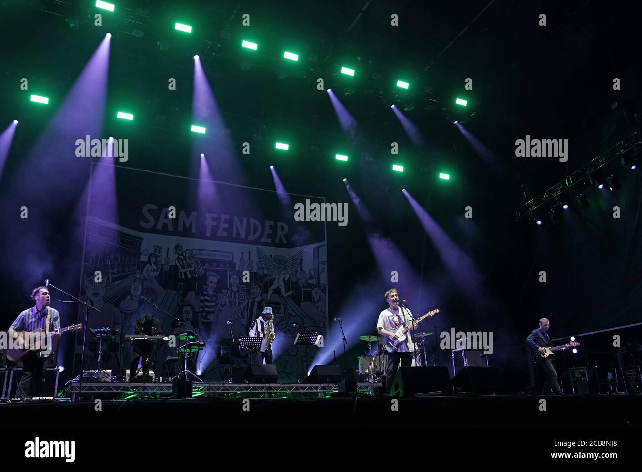 Sam Fender on stage at the Virgin Money Unity Arena, a pop-up venue in Gosforth Park, Newcastle. Fans in groups of up to five people are watching the show from 500 separate raised metal platforms at what the promoters say is the world's first socially-distanced gig. Stock Photo