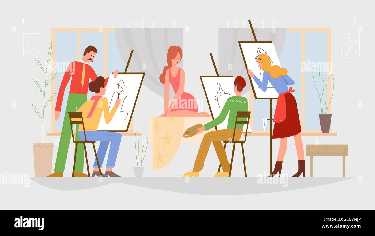 Art class, drawing lesson vector illustration. Model and artists, posing woman and people painting portrait, teacher and students flat characters. Art school, master class, getting art education Stock Vector
