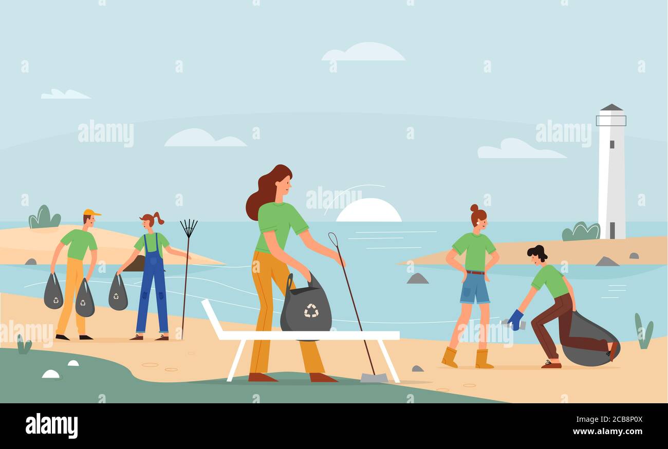 Volunteer activity, beach garbage collection vector illustration. Male and female volunteers, young people with broom and garbage bags flat characters. Environmental cleanup, volunteering concept Stock Vector
