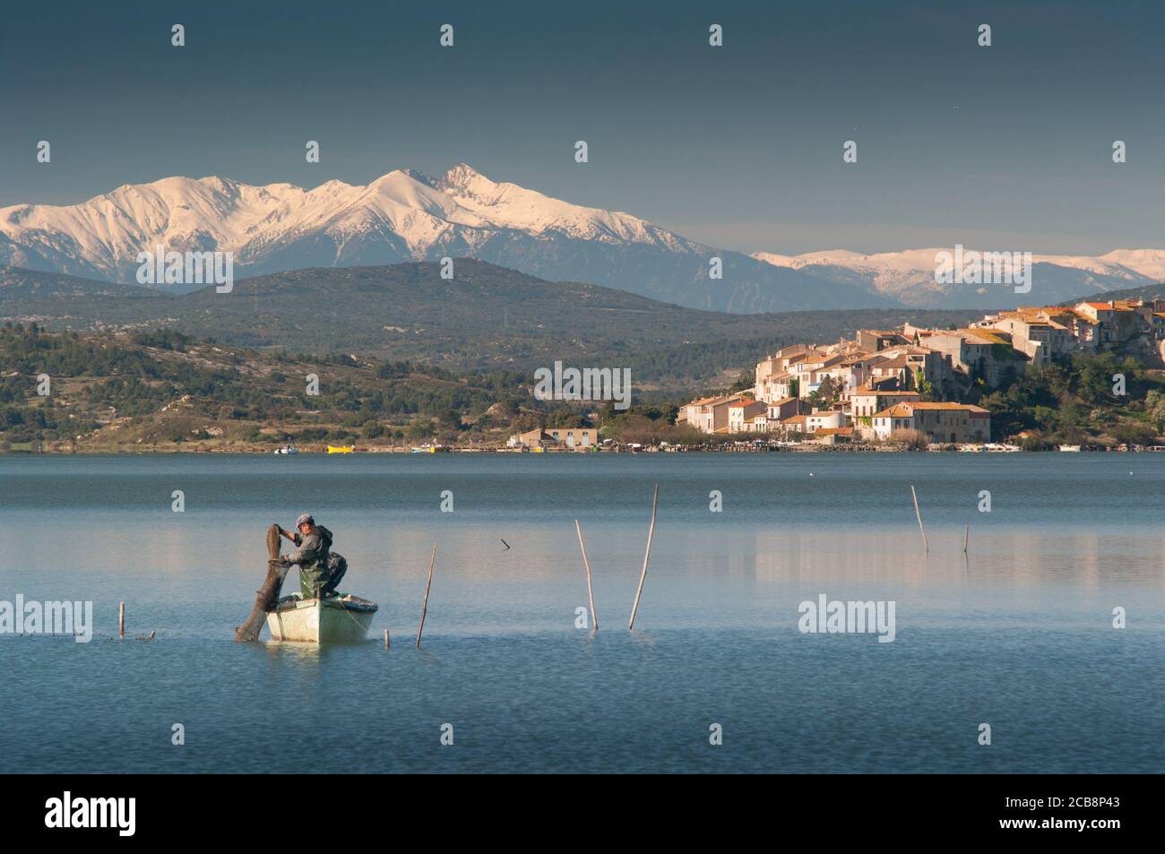 Aude, Mediterranean France: On the Étang de Bages, an eel fisherman empties his traps. In the background, Mount Canigou and the eastern Pyrenees Stock Photo