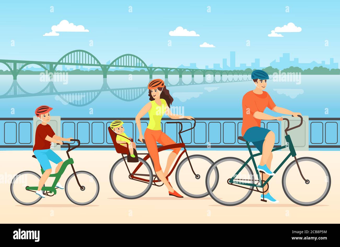 Happy family cycling flat vector illustration. Couple with children, mother, father and kids cartoon characters. People riding bicycles together. Active outdoor recreation, bonding, healthy lifestyle Stock Vector